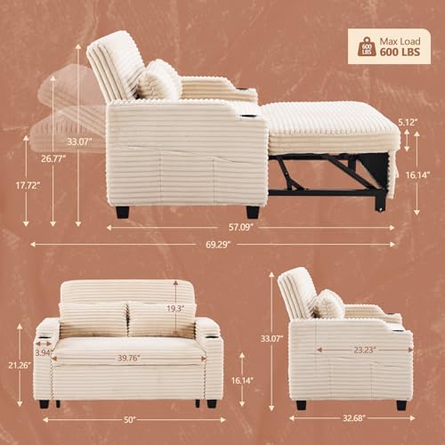 VINGLI Loveseat Sleeper Sofa Couch with Pull Out Chair Bed for Living Room