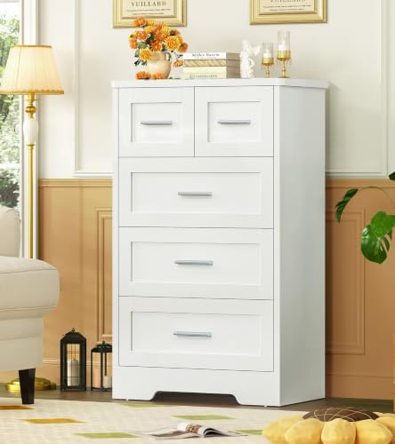 TEENFON Tall White Dresser for Bedroom, Modern 5 Drawer Dresser with Metal Ha...