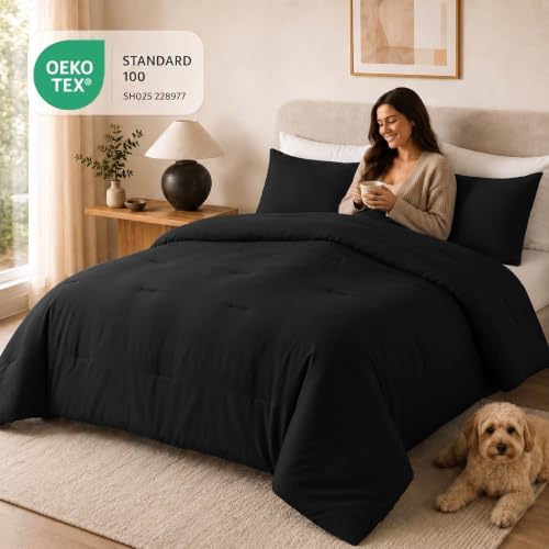 CozyLux King Comforter Set, 3 Pieces Down Alternative Bedding, Black