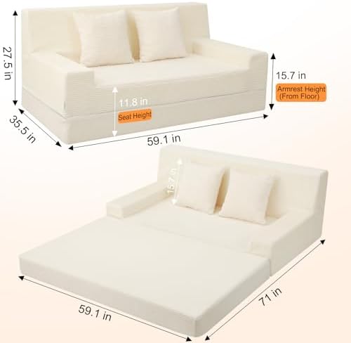 MeMoreCool 59" Boneless Couch Bed, Loveseat Futon Sofa, Small Space, Cre...
