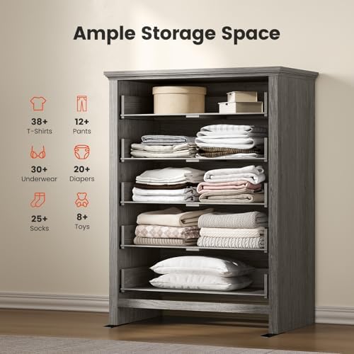 Amada Farmhouse 5 Drawer Dresser, Wood Dresser with Natural Texture, Gray