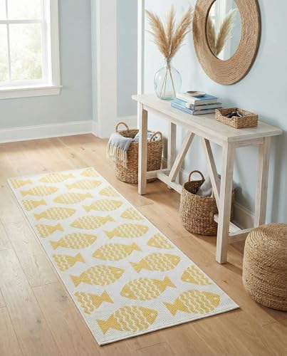 Rugs.com Outdoor Coastal Collection Rug – 5 Ft Runner Yellow Flatweave-Pile R...