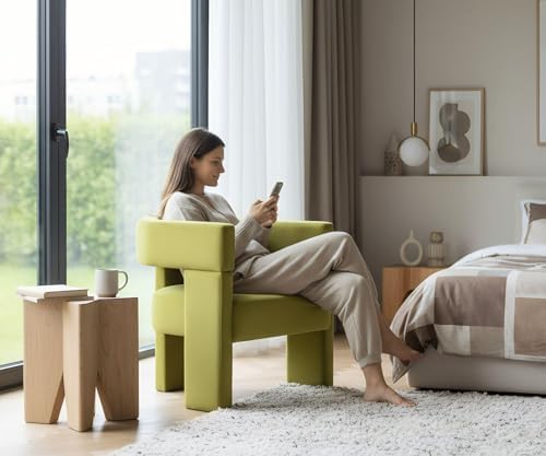 Green Modern Accent Chair, Upholstered Barrel Armchair with Solid Wood Legs