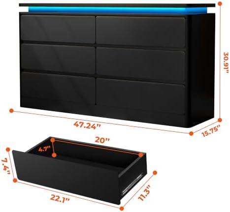 6 Drawer Dresser for Bedroom, 47.24" Black Chest of Drawers w/LED Lights