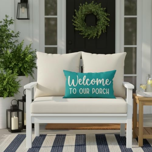 PANDICORN Farmhouse Throw Pillow Covers 12x20 Welcome to Our Porch, Teal | Outdoor Boho Decorations Lumbar Decorative Cushion Case for Home Sofa Couch Front Porch Patio Decor