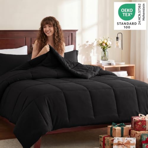 CozyLux King Size Comforter Set, 3-Piece Box-Stitched, Black