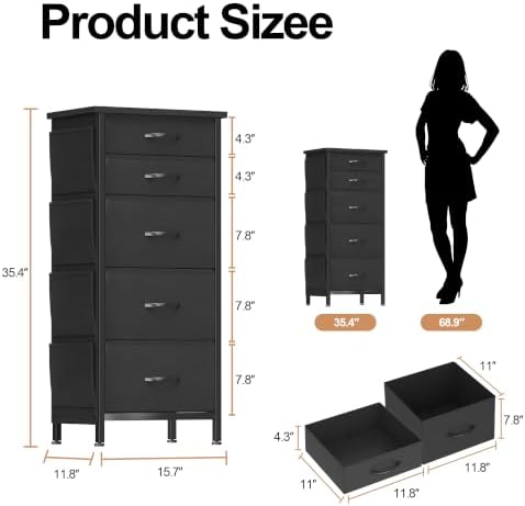 HCHQHS 5-Drawer Dresser for Bedroom, Nightstand, Black Fabric
