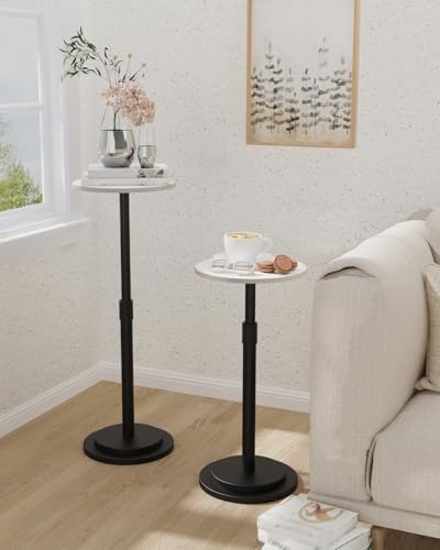 Round End Table, Height Adjustable Vintage Drink Stand, White | Vintage Modern Pedestal Table, White Marble and Metal Pedestals for Small Spaces and Living Room, 10.2x10.2x30.7 In