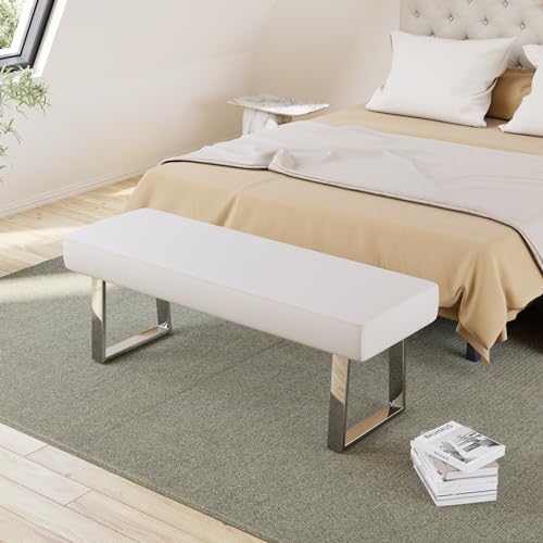 JIEXI 45.3" Upholstered PU Leather Bedroom Bench Footstool with Metal Legs