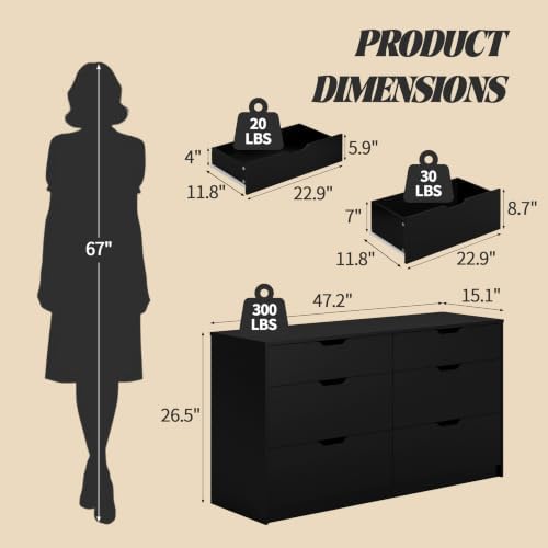 Furmax Dresser for Bedroom with 6 Drawers, 47.2" Modern Dressers, Black