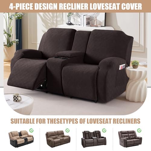VANSOFY Stretch Recliner Loveseat Cover with Middle Console, Chocolate | 4-Pieces, Soft Furniture Protector, Washable Slipcover with Pocket, Pets Sofa Cover, High Stretchy fabric Couch Cover