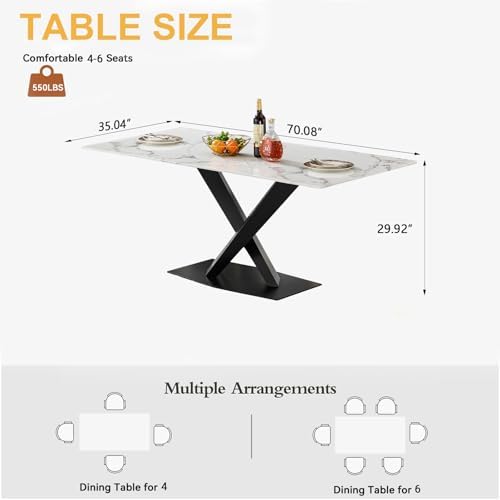 70in Faux Marble Dining Table for 6-8 Person, Modern White Kitchen Dining Roo...