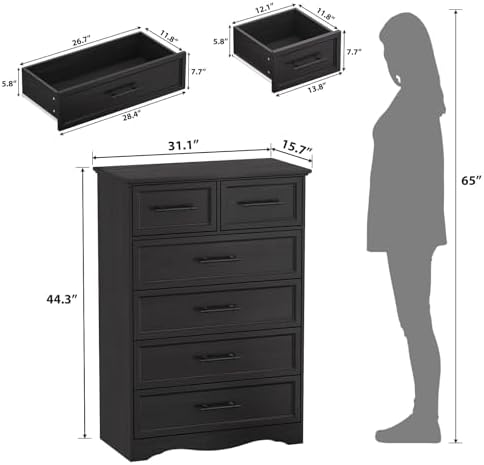 YANSNWO Black 6 Drawer Dresser for Bedroom, 44" Tall Chest of Drawers