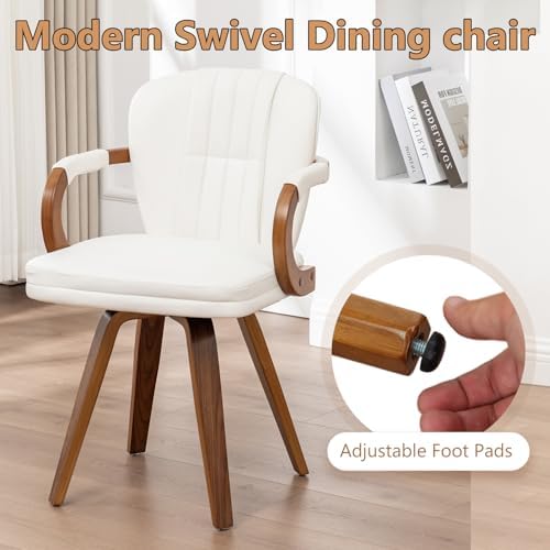 Swivel Dining Chairs Mid Century Modern White Faux Leather Upholstered Kitche...
