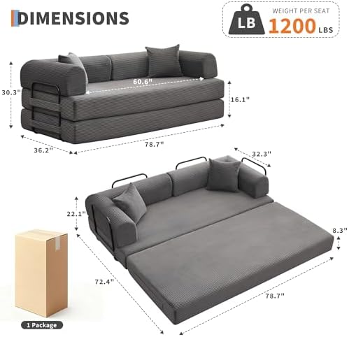 IDEALHOUSE 79" Convertible Futon Sofa Bed, Boneless Couch for Living Room