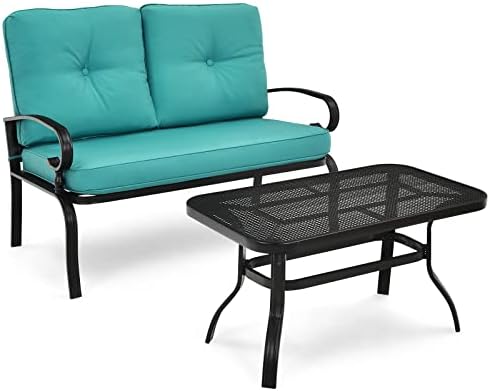 Giantex Patio Loveseat with Coffee Table Outdoor Bench with Cushion and Metal...