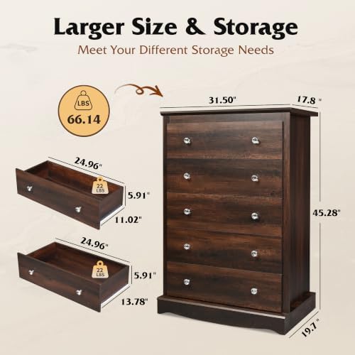 WLIVE 5 Drawer Dresser, 45" Tall Dresser for Bedroom with Exclusive Anti...