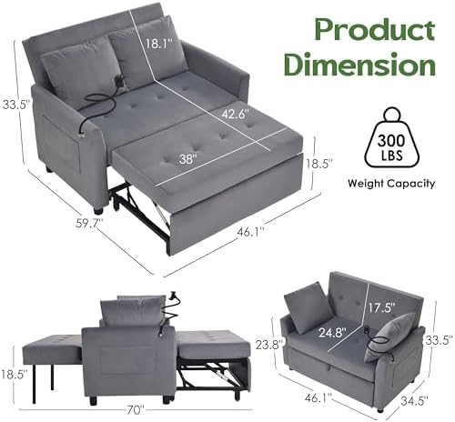 3 in 1 Convertible Pull Out Sleeper Couch Sofa Bed, Grey