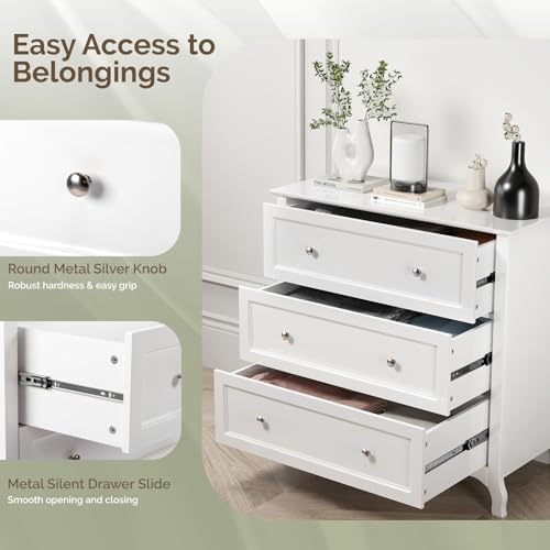VINGLI White Dresser 3 Drawer Chest of Drawers for Bedroom, Painted Wood Dres...