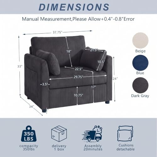 GRAVFORCE 37.75" Oversized Accent Chair with 2 Pillows, Grey, Corduroy