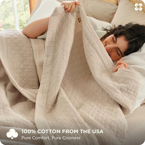Bedsure PureWoven 100% Cotton Muslin Blanket 8-Layer, King, Linen Beige