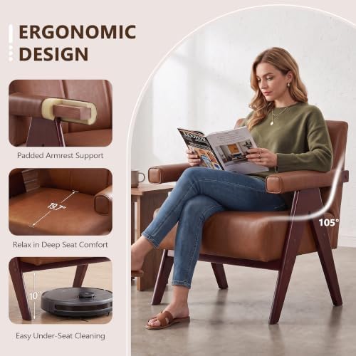 JIASTING Mid Century Modern Accent Chair Set of 2, Brown Leather Armchair
