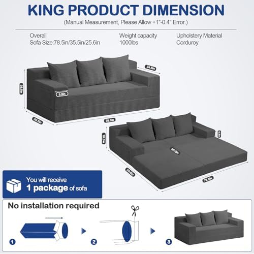 2 in 1 Convertible Boneless Couch Bed, Corduroy futon Sofa Bed, Compression F...