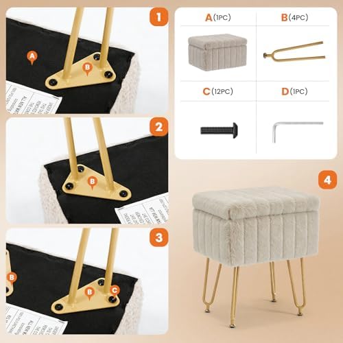 DUMOS Vanity Stool Chair with Storage, Small Ottoman Faux Fur Soft Padded Foo...