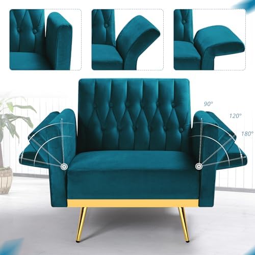 Velvet Accent Chair w/Ottoman & Adjustable Backrest,Teal