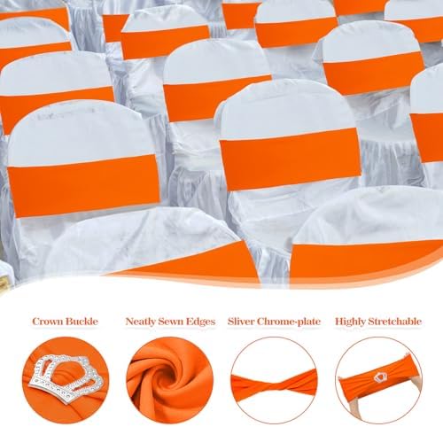50 Pcs Stretch Chair Sashes with Crown Chair Sashes with Buckle Slider Wedding Elastic Cover for Party Bridal Baby Shower Ceremony Reception Banquet(Orange)