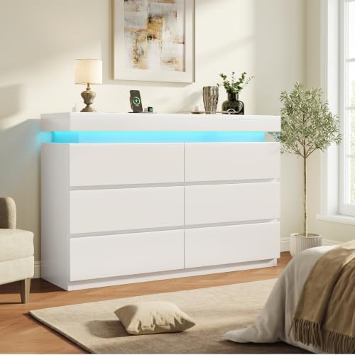6 Drawer Dresser with LED Lights and Charging Station, Modern White Dresser
