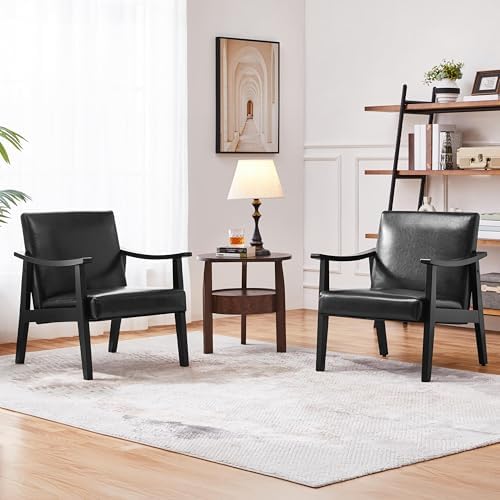 Yaheetech Accent Chairs Set of 2, Mid-Century Faux Leather Armchairs, Black