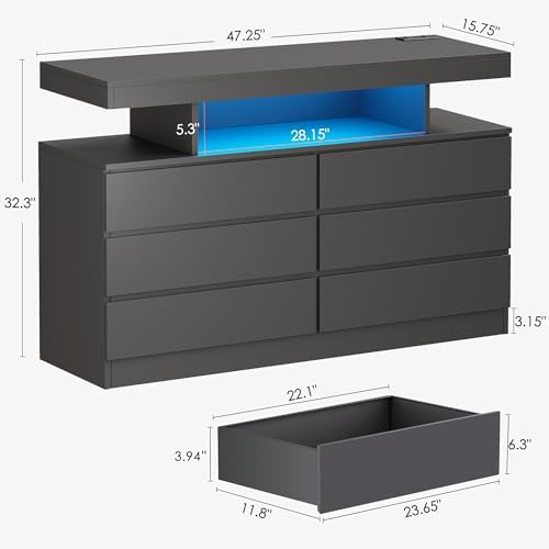 BEWISHOME Black Dresser for Bedroom with Charging Station and LED Lights