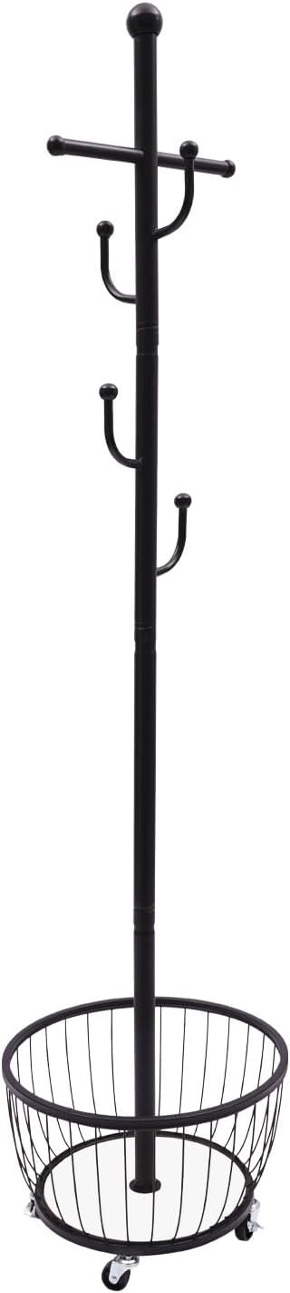 Floor Standing Coat Rack with Storage Basket and Wheels,Carbon Steel Hall Tre...