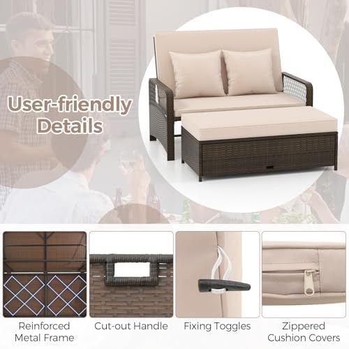LDAILY Moccha Outdoor Daybed, PE Rattan Double Chaise Lounge w/ 4-Level Adjus...
