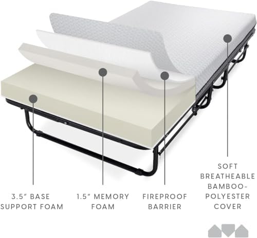 Milliard Deluxe Diplomat Folding Bed with Mattress for Adults, Twin Size, Por...