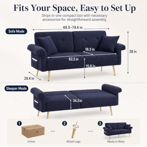 Majnesvon 71" Convertible Folding Sleeper Sofa Couch,Modern Velvet Loves...