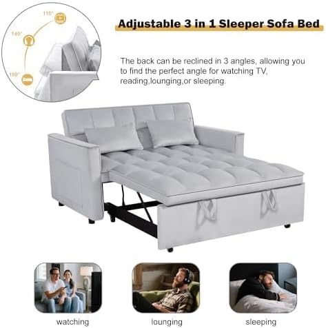 Sleeper Sofa Bed with Adjustable Backrest & Side Pockets, Gray