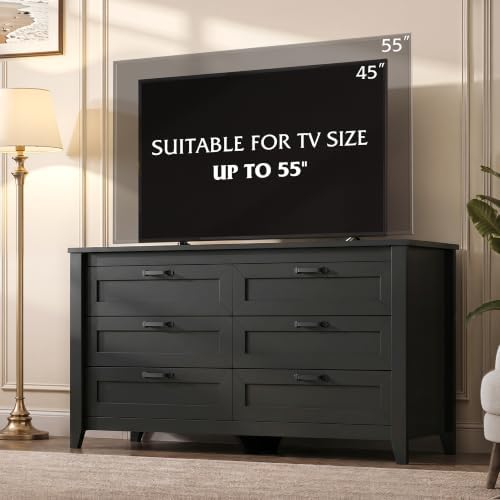 WLIVE Black Dresser 6 Drawers for Bedroom, Wood Dresser TV Stand for 55" TV