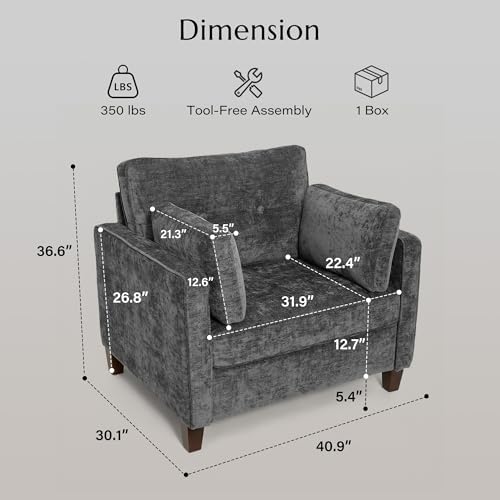 Luxury Oversized Accent Reading Armchair Set of 2, 41", Chenille, Gray