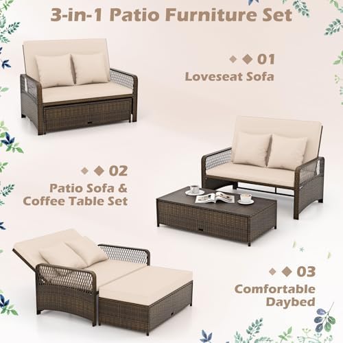 Tangkula Patio Rattan Daybed with 4-Level Adjustable Backrest, 2-Person Outdo...