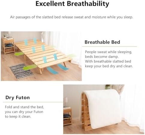 EMOOR Foldable Wood Slatted Floor Bed Frame OSMOS Twin Solid Pine (Earth-Natu...