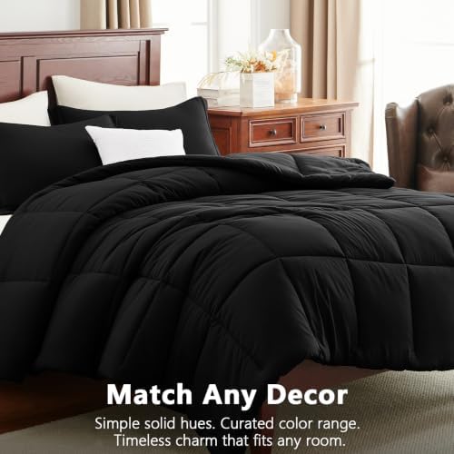 CozyLux King Size Comforter Set, 3-Piece Box-Stitched, Black