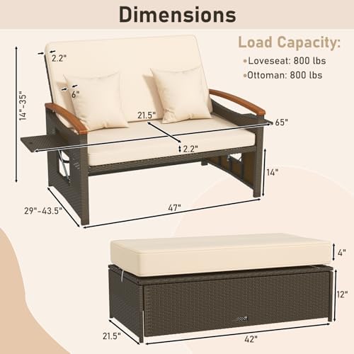 LDAILY Moccha Outdoor Wicker Daybed, Patio Rattan Loveseat Sofa w/ 4-Level Ad...