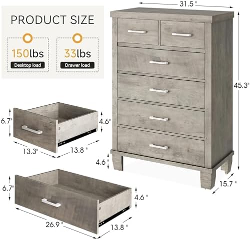 IDEALHOUSE 45" 6-Drawer Dresser, Wooden Chest of Drawers, Grey