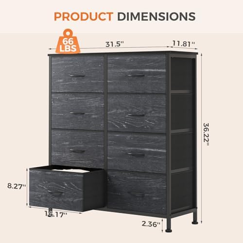 Sweetcrispy 8 Drawer Fabric Dresser for Bedroom, Tall Dresser, Black Wood