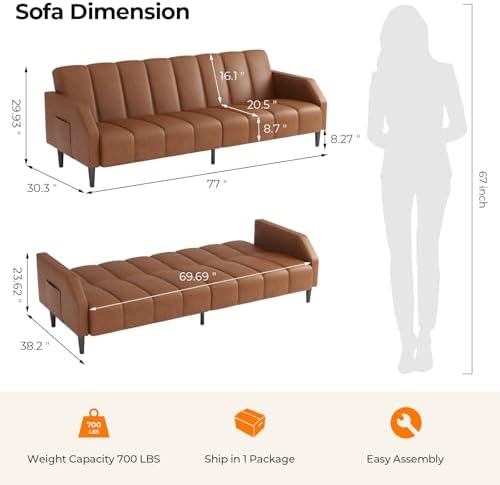 Fadware Faux Leather Couch, Convertible Futon Sofa Bed with Adjustable Backre...