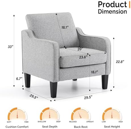VINGLI Accent Chair, Linen Upholstered Grey Armchair for Living Room