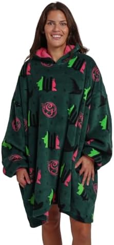 Bioworld Wicked Part 1 Witch & Glinda Seal All-Over Print Adult Green Long Sleeve Comfy Hooded Blanket