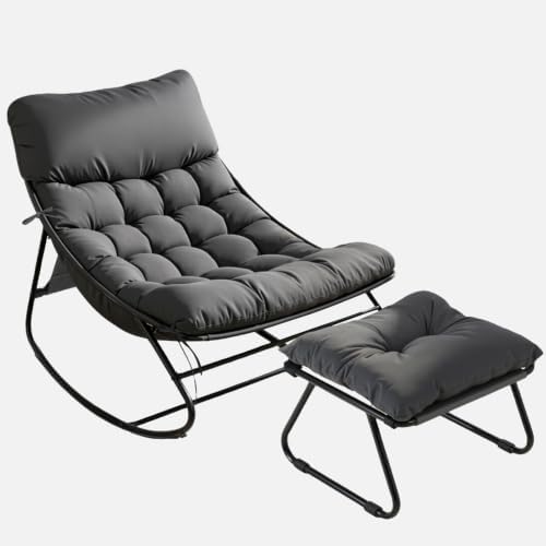 Aoxun Outdoor Rocking Chair with Ottmans, Cozy Papasan Rocking Chair with Thi...